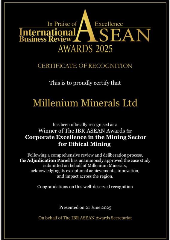 Millenium Minerals Wins 2025 IBR ASEAN Award for Ethical Mining Excellence