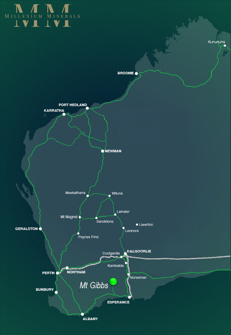 Millenium Minerals MOUNT GIBBS: GOLD, LITHIUM AND NICKEL-PGE - PROJECT LOCATION